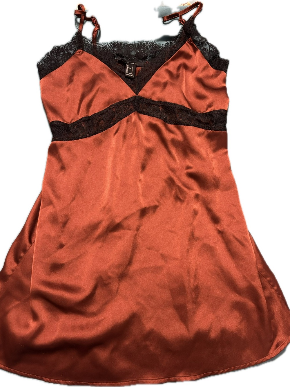 Forever 21 Rust Satin Slip Dress with Black Lace Trim